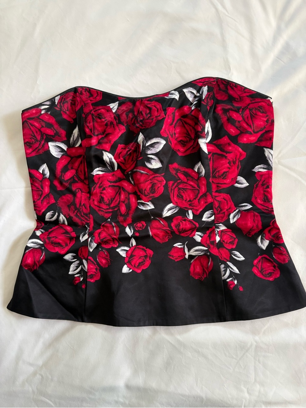 White House Black Market Black Strapless Top with Red Rose Print